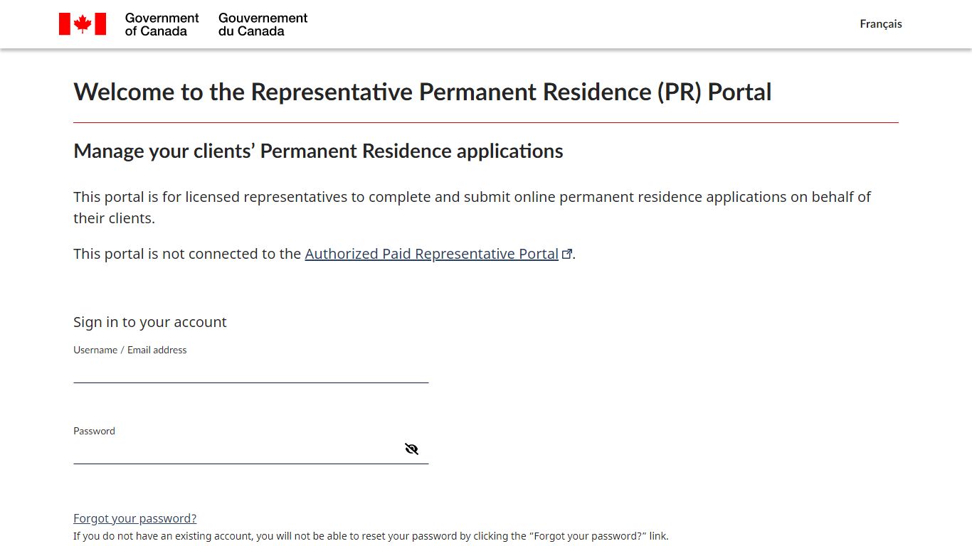 Welcome to the Representative Permanent Residence (PR) Portal - C iC